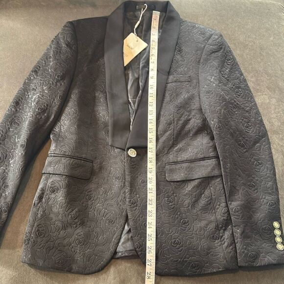 Men’s Black Floral Suit Tuxedo 3 Piece Shawl Lapel Size 34 Jacket 31 Pants NWT - Picture 7 of 15